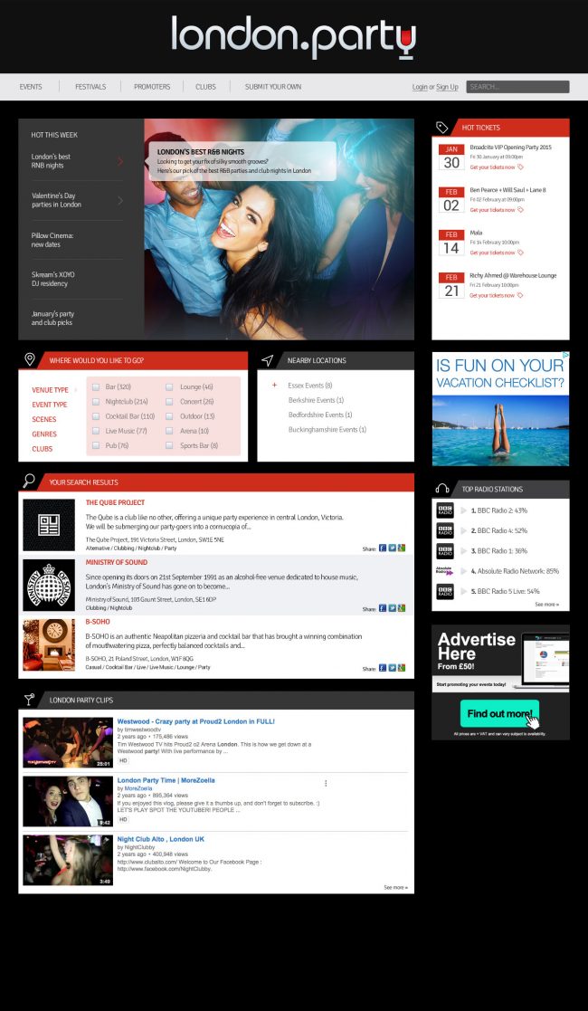 London.party affiliate website network concept and design