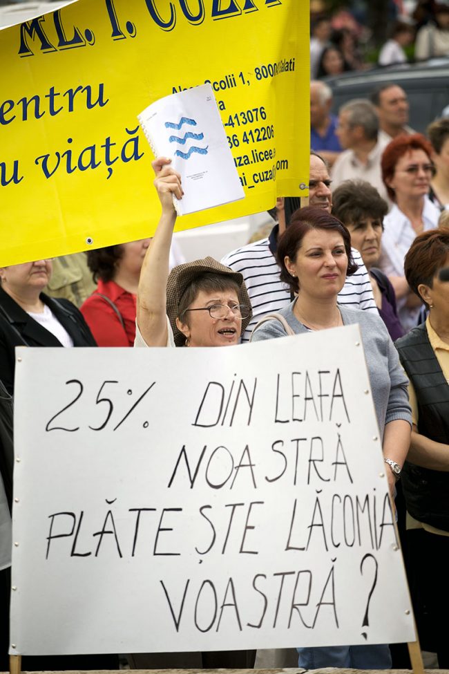 Various people are participating in a protest agains government austerity measures in Galați, Romania on June 1st, 2010.