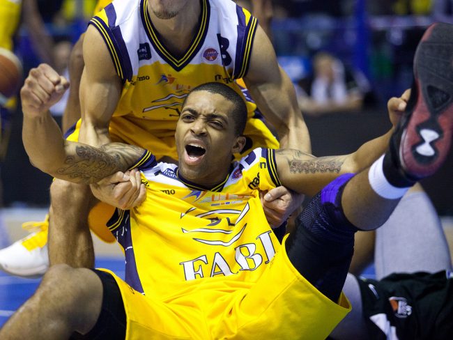 A basketball player from Sutor Montegranaro (IT) is celebrating in a match against Pepsi Caserta (IT) in Porto San Giorgio, Italy on December 18th, 2010.