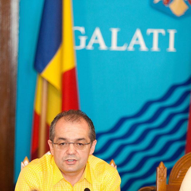Romanian prime-minister Emil Boc attending a press conference in Galați, Romania on July 3rd, 2010.