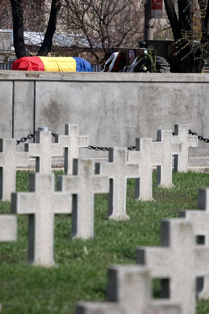 Romania's national flag is covering defunct soldier coffin, on its way to the burial site in Galați, Romania on March 25th, 2008.